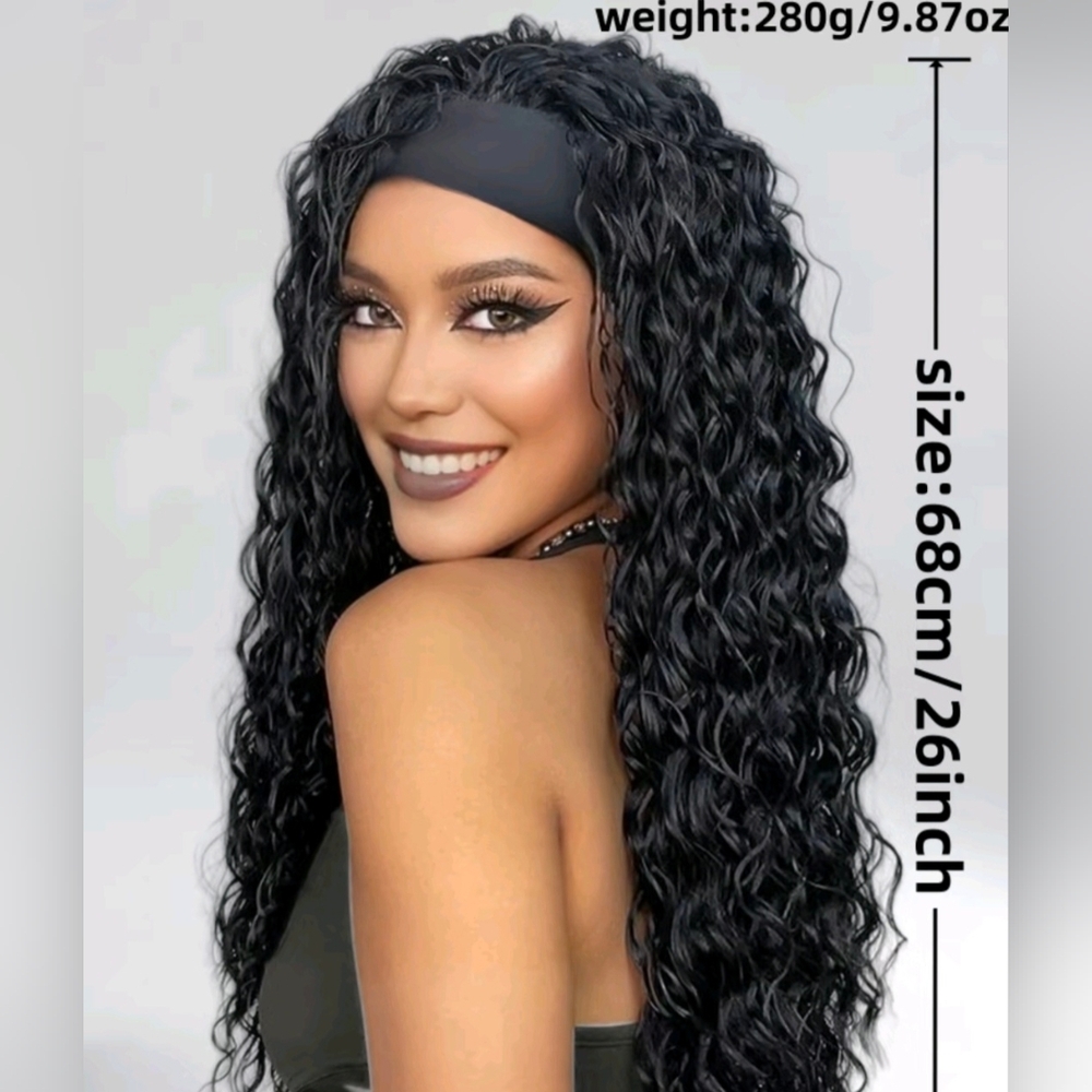 26 Inch Wig Headband Black Long Curly Wig